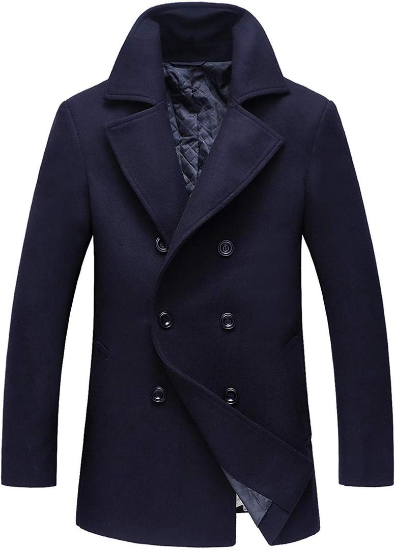 chouyatou Men's Classic Notched Collar Double Breasted Wool Blend Pea Coat (XX-Large, Dark Blue)