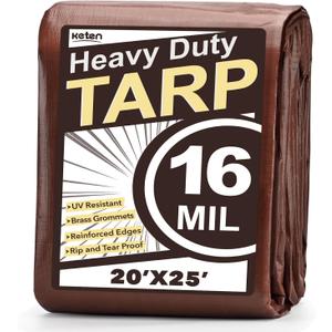 Keten Tarps Heavy Duty Waterproof 20X25 Feet, Extra Thick 16 Mil, Tear & Fade Resistant, UV Blocking, Outdoor Tarp with Reinforced Grommets for Roof, Camping, Patio, Pool, Boat (Brown/Silver)