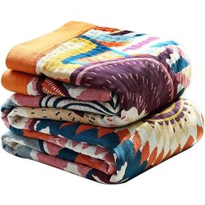 Boho Spring Throw Blanket for Bed Couch, 100% Cotton Bohemian Cotton Blankets, Ultra Soft Woven Muslin Blankets Travel Picnic Versatile Knitted Blanket for Sofa Chair, 50"x60" (K-colorful World)