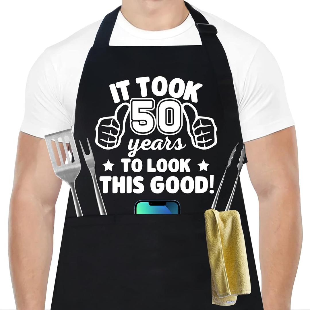 30th 40th 50th 60th 65th 70th 75th Birthday Gifts for Men, Chef Aprons for Men with 3 Pockets (Black)