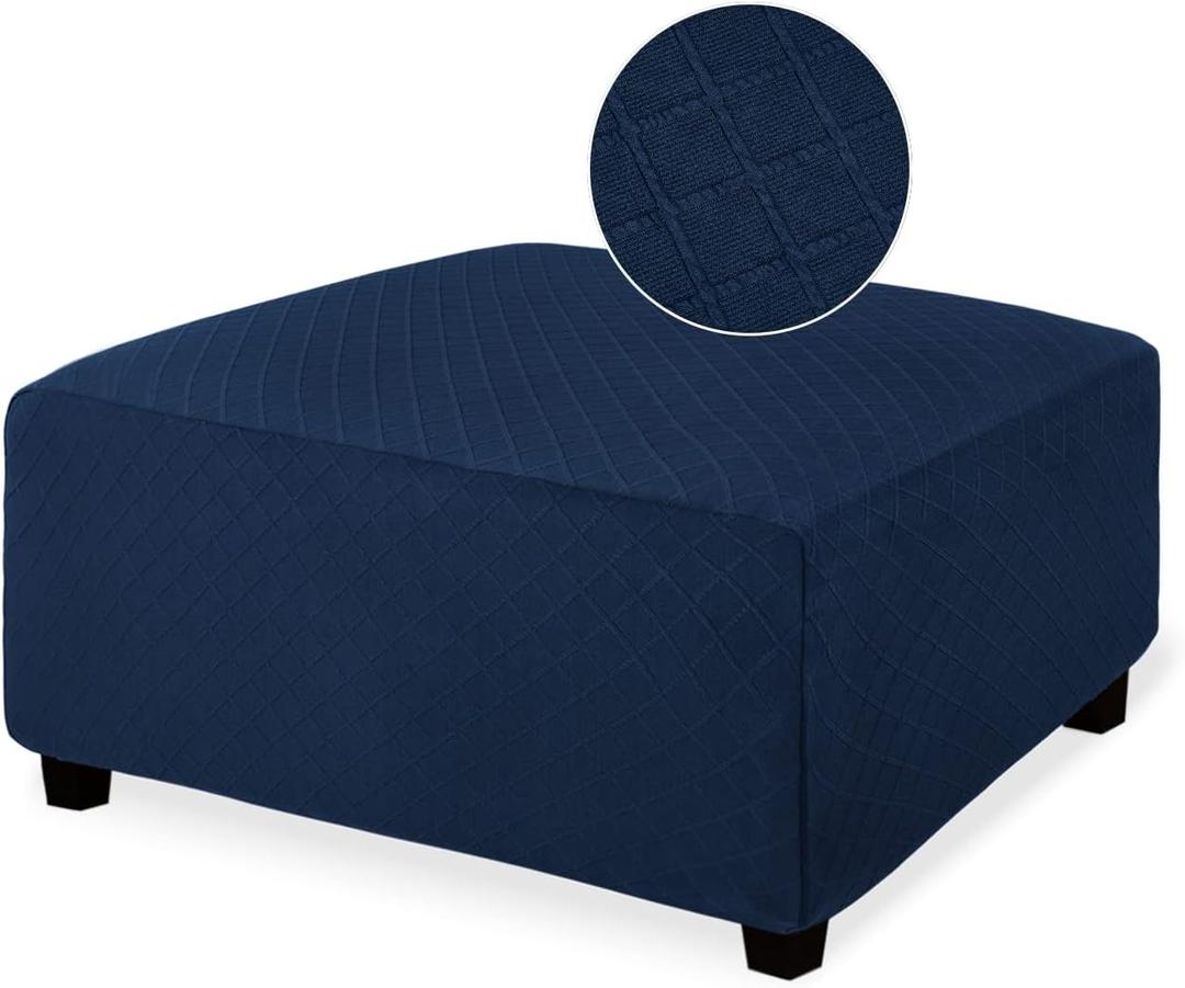 NeColorLife Ottoman Cover Square Large Slipcover Stretch Footrest Stool Covers Furniture Protectors Washable Diamond Lattice Jacquard Fabric with Elastic Band,Large Size,Navy Blue