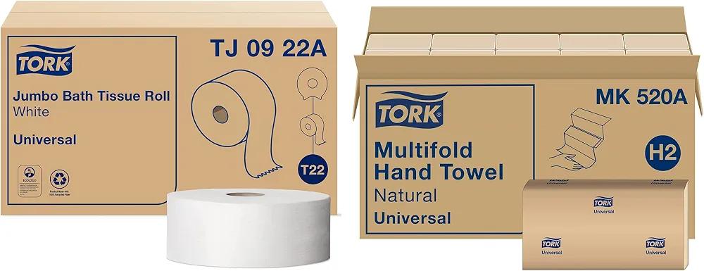 Tork Jumbo Toilet Paper Roll White T22 (Universal) and Tork Multifold Hand Towel Natural H2 (Universal)