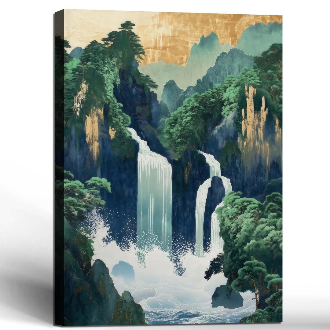 Framed Waterfall Canvas Wall Art Painting Natural Scenery Poster Print Japanese Gallery Style Picture Zen Forest Hanging Painting for Living Room Bedroom Decoration 16x24 Inch Ready to Hang
