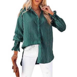 Women's Striped Button Down Shirts Long Sleeve Smocked Cuffed Oversized Boyfriend Blouses Collared Work No Pockets Tops, Size XL