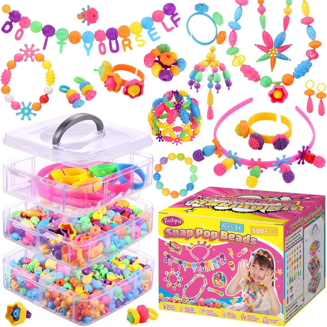 Funtopia Pop Beads, 500+ Pcs Jewelry Making Kit for Girls 4-6, Arts and Crafts for Kids 3 4 5 6 7 8, Colorful Snap Beads DIY Bracelet Necklace Ring Set for Little Girls (Medium)
