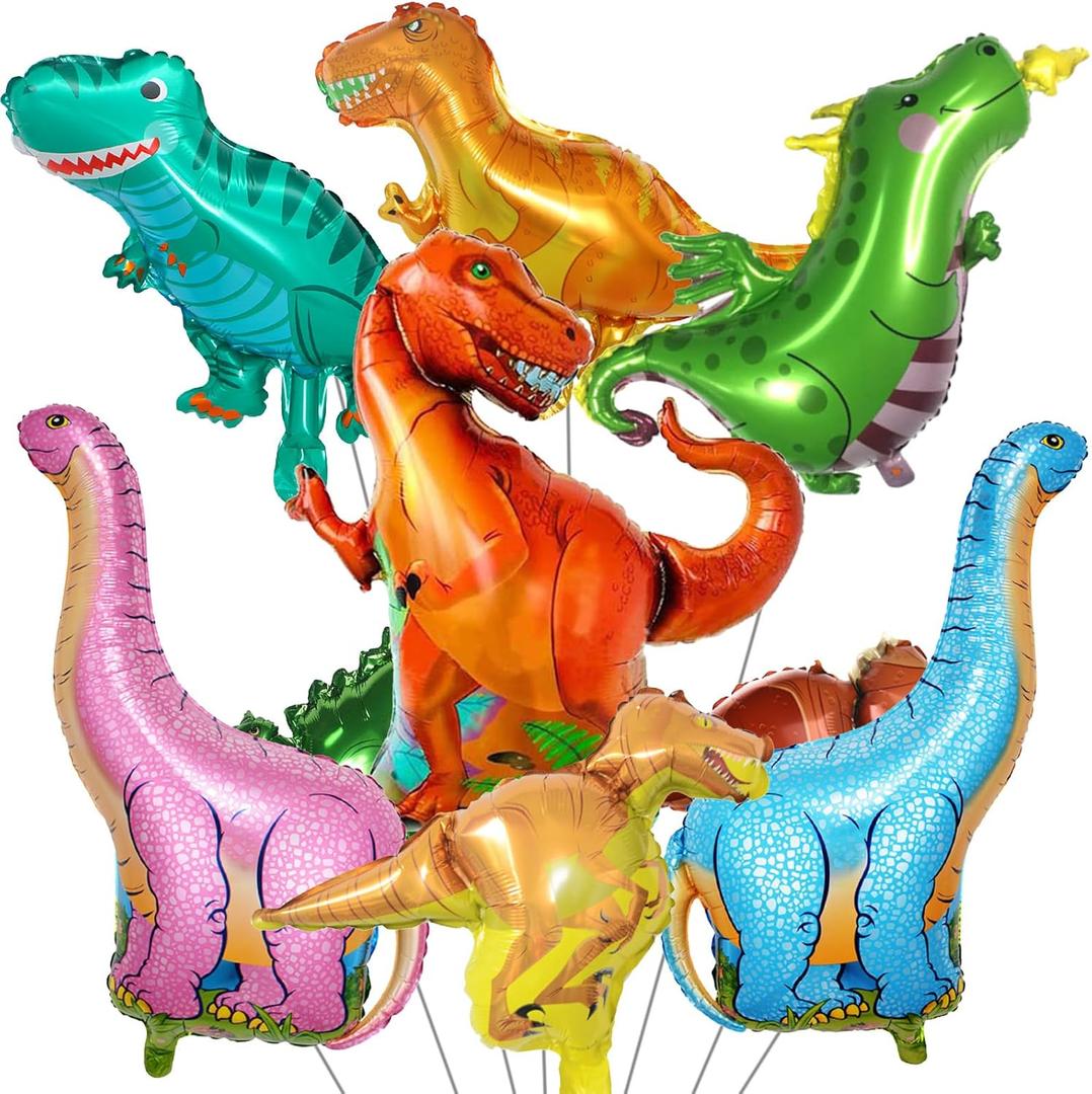 Dinosaur Foil Balloons Set (12-50 in), 7 Pieces Large Dinosaur Aluminum Mylar Balloons for Kids, Giant Cute Birthday Dino Party Decorations for Boys Jungle Dino Theme Baby Shower Decor Supplies (Green Blue - Dino)
