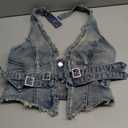 SHENHE Women's Denim Cami Backless Halter Neck Top with Fringe Trim Sleeveless, M