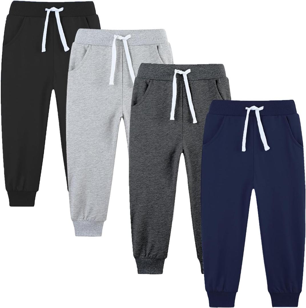 4 Pack Toddler and Kids Boys Sweatpants Joggers Cotton Active Soft Joggers Pants with Functional Drawstring, Size 3T