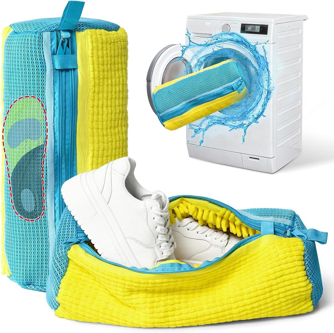 Anybar Shoe Washing Machine Bag 2 Pcs Reusable Laundry Shoe Bag 360 Deep Cleaning Sneaker Washing Machine Bag Fits All Shoe Types Microfiber Inside with Self-locking Zipper (Yellow)