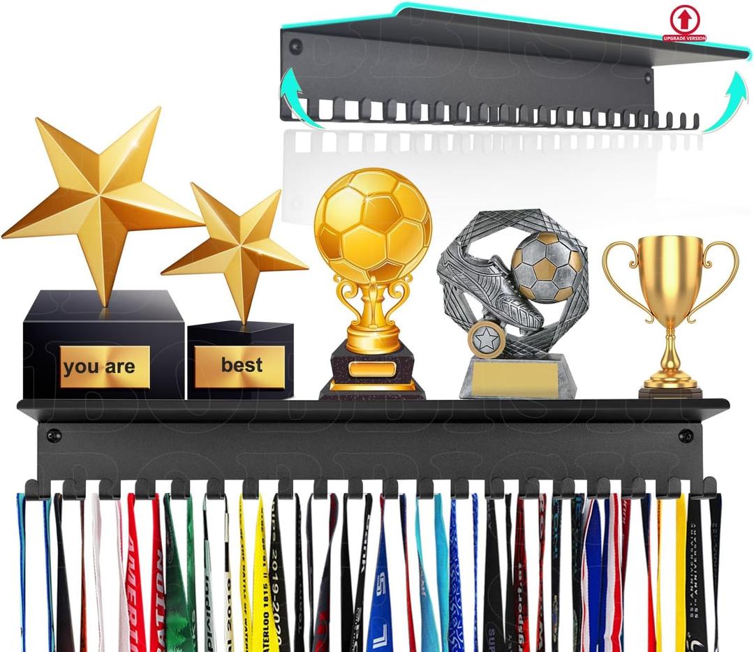 Metal Medal Hanger Display,Non-Slip Trophy Shelf with 20 Hooks,Wall Mount,Heavy Duty,Non-Bent,Holds 22-33lbs,for Gymnastics,Race,Soccer,Swim (Black)