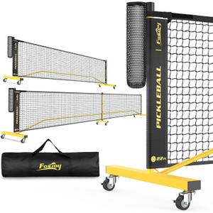 Pickleball Net with Wheels, Portable 2-in-1 Pickle Ball Net with Ball Collector,22FT Regulation Size & 11FT Half Court Size, Carry Bag, Steady Metal Frame for Outdoor Indoor Driveway, Black/Yellow