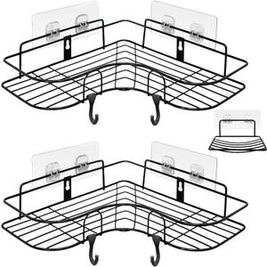 ADORAMOUR Corner Shower Caddy Set -2 Pack Bathroom Organizer with Soap Dish, Adhesive Storage Rack for Toiletries, Shower Shelf Drill-Free or Drilling Install Options Shampoo Holder, Black