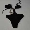 OYOANGLE Women's Ring Linked Cut Out One Piece Swimsuits Textured Tie Backless Halter Bathing Suit Monokini (Black)