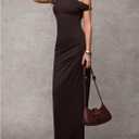 Verdusa Women's Off The Shoulder Dresses Asymmetrical Ruched Sleeveless Maxi Dress (Brown, S)