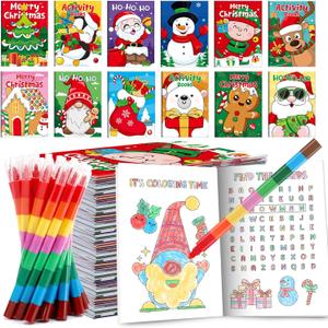 BenLouis 12 Christmas Mini Activity Books with 12 Crayons for Kids ages 4-8-16 Xmas Party Favors Bulk Different Brain Game for Classroom Travel Craft Activities Holiday Goodie Bag Gift Stuffer