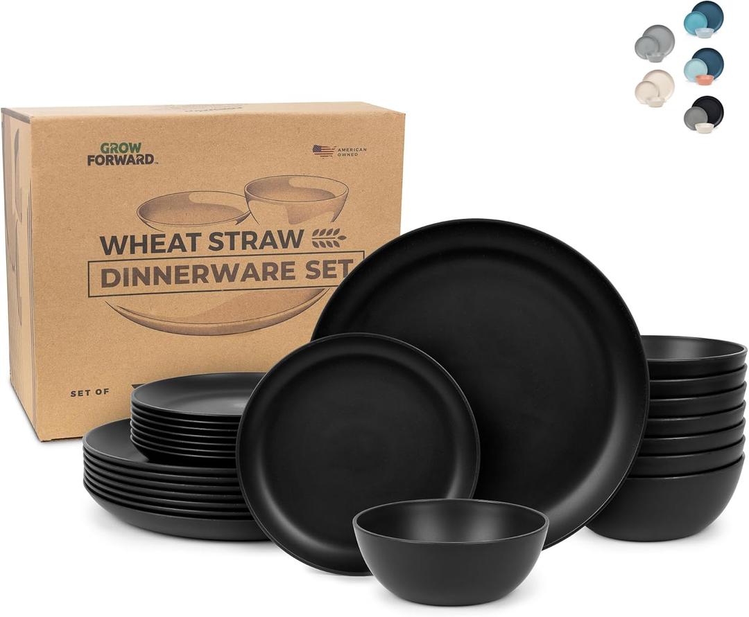 Grow Forward 24-piece Premium Wheat Straw Dinnerware Sets for 8 - Unbreakable Dishwasher & Microwave Safe Plastic Plates and Bowls Sets - Patio, Outdoors, RV, Camping Dishes - Midnight