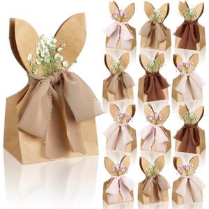 Affrolling 24 Set Boho Bow Easter Bunny Party Favor Bags DIY Bunny Gift Boxes with Neutral Bow Ribbon and Dried Flowers Rustic Paper Rabbit Ears Treat Bags Bulk for Easter Spring (Brown)