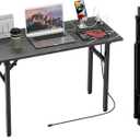 TEMI Small Computer Desk Folding Table - No Assembly, Compact 43.3" Foldable Desk with Power Outlets & USB Charging Port, Portable Small Office Desk, Ideal Mini Study Table, Marble Greige