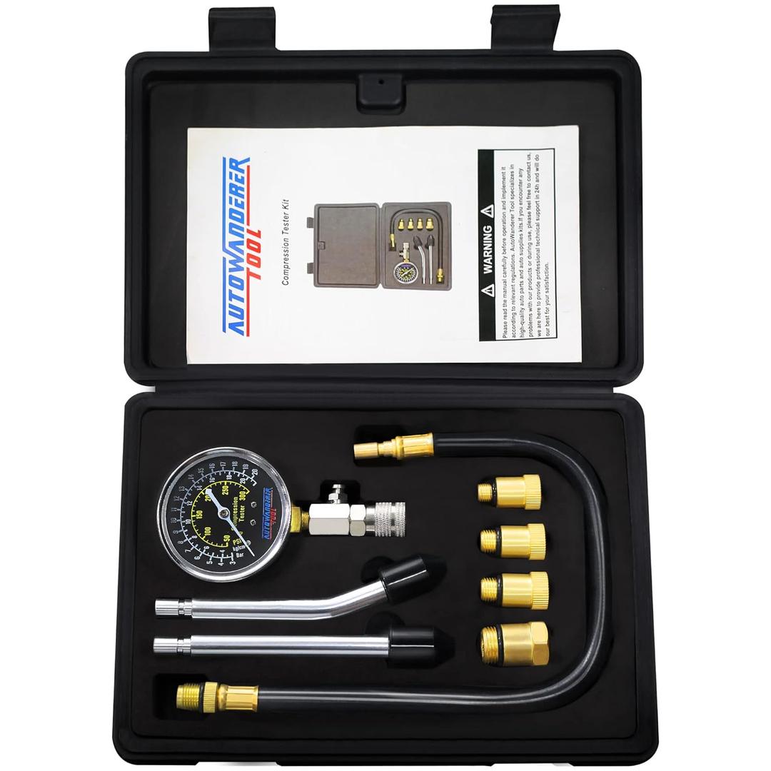 Petrol Engine Cylinder Compression Tester Kit, 8Pcs Automotive Engine Gas Pressure Gauge Set for Motorcycle Car Truck