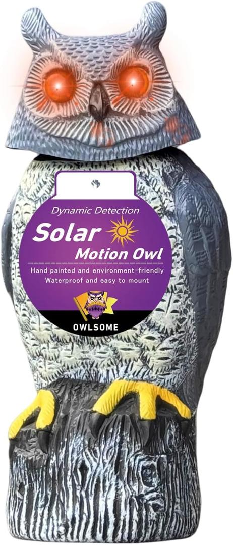 Owlsome Solar Owl with Colored Flashing Eyes, Rotating Head, Hoot Sound, Motion Detector and Silent Mode, Plastic Owl Garden Sculpture, Garden Decoration