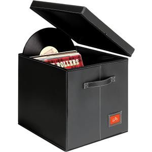 Black Faux Leather Vinyl Record Storage Box  12-Inch LP Record Holder & Case with Lid  Stackable Record Storage Crate for Albums, Rolls & Accessories  Sturdy Organizer 1Pack