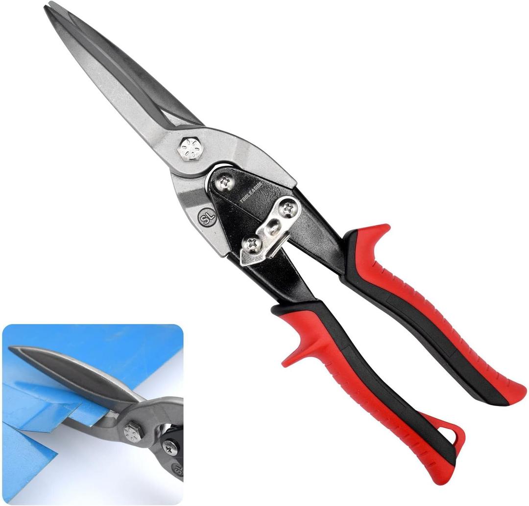 TOOLEAGUE 12" Aviation Tin Snips with Forged Blade, Heavy Duty Long Straight Cutters Shears for Cutting Sheet Metal, Aluminum & DIY Projects. (Black and Red)