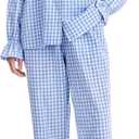 Kissonic Women Gingham Pajama Sets Cotton Long Sleeve Button Down Shirt and Pants Y2K Pjs Lounge Set Sleepwear (Large, Blue)