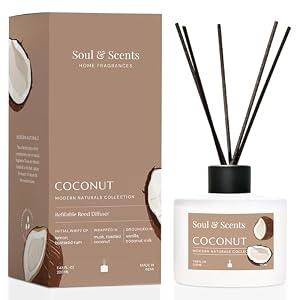 Soul & Scents Reed Diffuser Set – Coconut | 7.43 oz Refillable Scented Oil with 6 Fiber Sticks | Long-Lasting Home Fragrance & Air Freshener for Bedroom, Bathroom, Office | Gift & Décor Piece