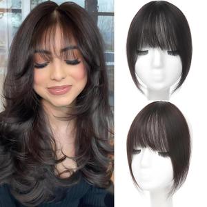 Clip in Bangs, 100% Real Human Hair French Fake Bangs Hair Clip for Women Brown Black Natural Curtain Fringe with Temples Hairpieces for Daily WearFrench,Brown Black