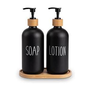 Little World Soap Dispenser for Kitchen, Stainless Steel Pump and Wood Tray, Bathroom Decor Dispenser for Foaming Hand Soap, Dish Soap and Lotion, Black & Black