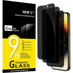 NEW'C 3 Pack Privacy for iPhone 14 Pro Max Screen Protector (6.7 inches), Anti-Spy Tempered Glass Film,Case Friendly Ultra Resistant, Balanced 28-Degree Privacy Angle-Easy installation tool included