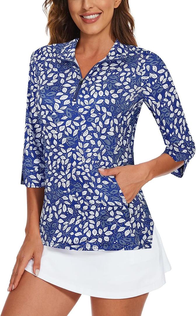 Viracy Women's Golf Shirts 3/4 Sleeve Sun Protection Quarter Zip with Zipper Pockets Athletic Polo Workout Tops XL
