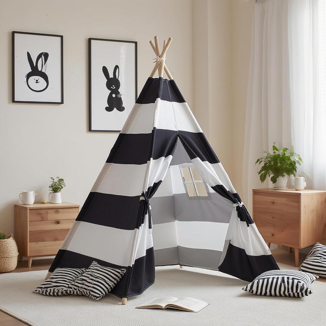 Teepee Tent for Kids with Carry Bag, Washable Playhouse for Indoor Use, Ideal Play Tent for Girls and Boys, Stripe Black