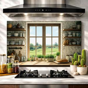 Oversized Kitchen Wall Sticker 35.4x23.6in, Peel & Stick Decor, Waterproof Oil-Proof, Wipeable, for Backsplash Counter Area Cabinets Pantry Wall (Sunny Kitchen Window (Green View), 35.4“ x 23.6”)