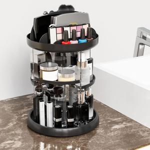 Yieach Rotating Make up Organizers for Counter,Adjustable Spinning Organizer for Vanity,Rotating Perfume Organizer,Lazy Susan Bathroom Organizer for Beauty Product,Spin Skin Care Storage Rack,Black (NO Patterns Decor)