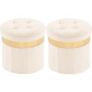 \xuperbonus Small Ottoman with Storage,Folding Round Ottoman with Gold Trim,Velvet Storage Stool,Foot Stool with Soft Padded,Foot Rest for Living Room13x13x12.4(Beige,2pcs)