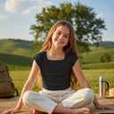 Girls Short Sleeve Crop Tops: Summer Square Neck Side Drawstring Tees Summer Casual T Shirts, Size 9-10 Years (Black)