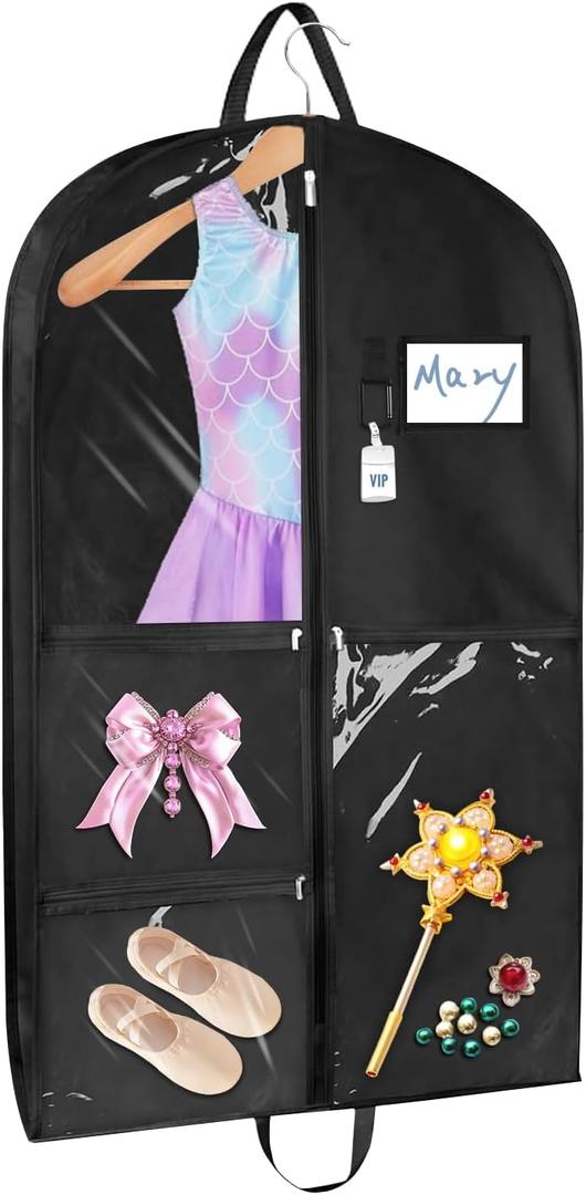 Sishynio Garment Bag, 43 Inch Black Garment-Bags for Hanging Clothes, Clear Waterproof Garment Bags with 5 Pockets, Dance Garment Bags, Kids Garment Bag for Dance Competitions Sports Suit Travel