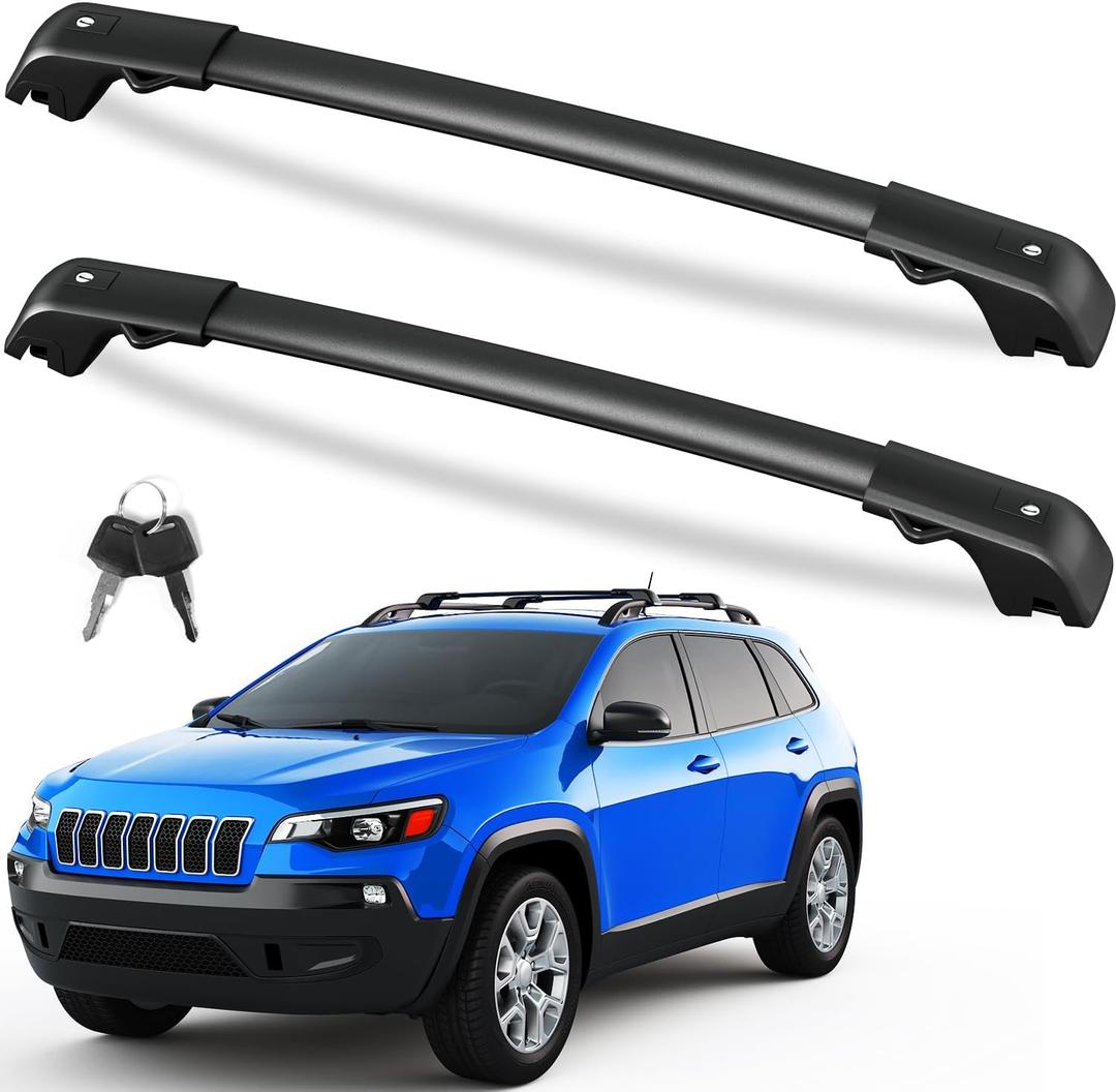 FengYu 300lb Roof Rack Cross Bars Compatible with Jeep Cherokee 2014-2023, Heavy Duty Lockable Aluminum Roof Rails Crossbars Cargo Bars Canoe Rooftop Black Carrier Luggage