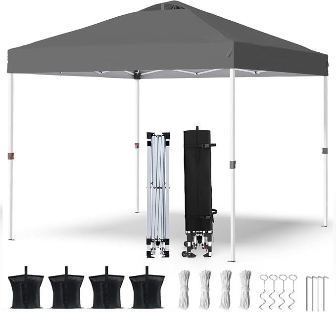 Shades 10x10 Pop Up Canopy with One Push Setup,Heavy Duty Beach Tent with Wheels for Easy Moving, Sun Shelter for Parties,Events, Outdoor Gazebo with 420D Coated Waterproof Grey Fabric