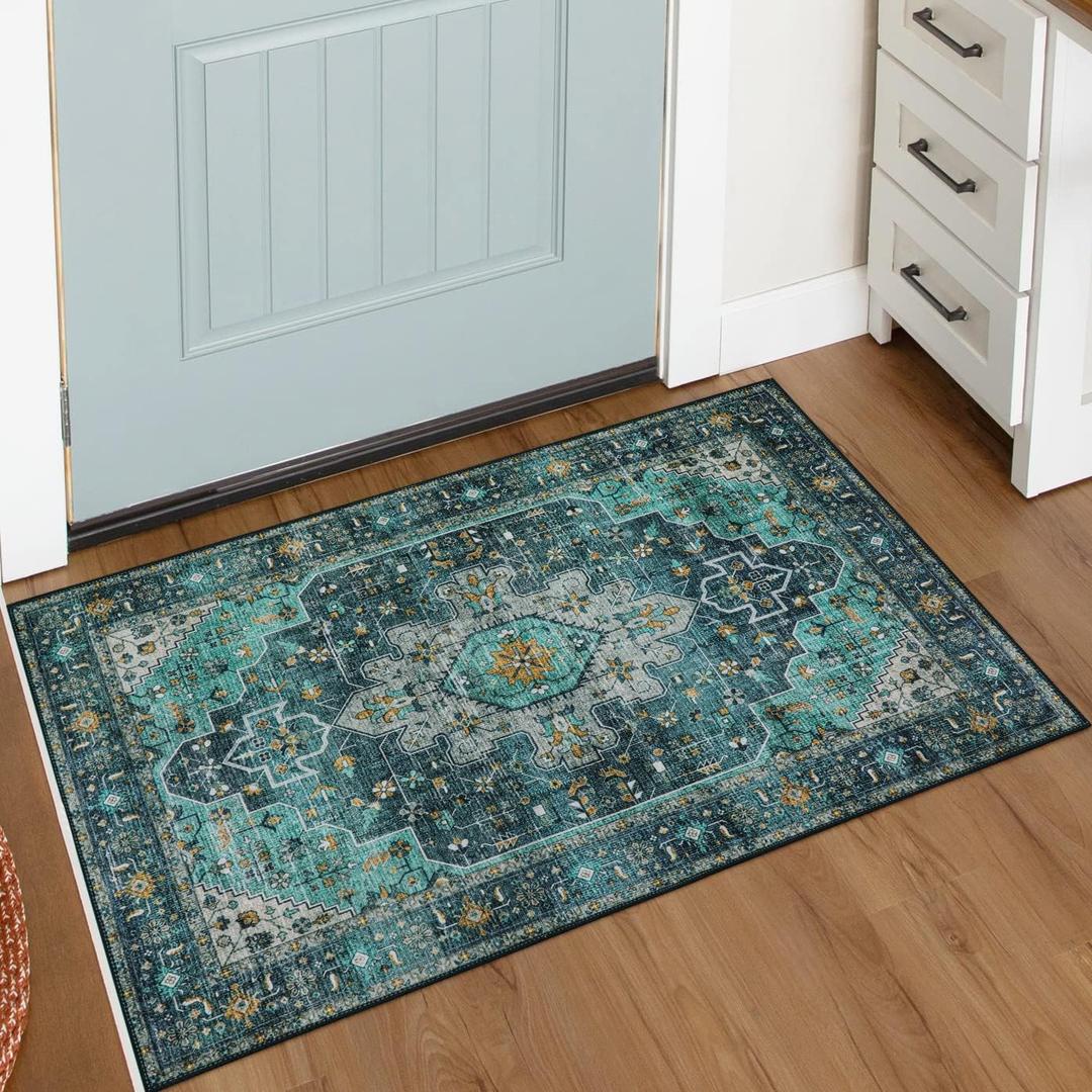 Moynesa Ultra-Thin Washable Area Rug - 2x3 Teal Small Entryway Rug Front Indoor Doormat, Boho Non-Slip Stain Resistance Low Pile Accent Carpet for Kitchen Bathroom Home Laundry Room Hall Decor