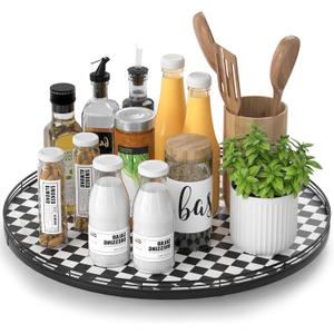 18" Black and White Kitchen Lazy Susan Turntable, Round Checkered Decorative Tray, Large Lazy Susan for Dining Table Centerpiece, Pantry, Kitchen, Bathroom, Countertop, Cupboard, Home Decor