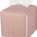 Tissue Box Cover PU Leather Tissue Holder Square Facial Tissue Case Facial Paper Organizer Dispenser for Bathroom, Vanity Countertop, Tabletop, Car, Pink