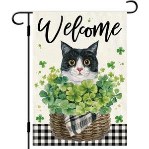 DLZDN Welcome St Patricks Day Cat Garden Flag Shamrocks Clovers Flag 1218 Inch Double Side Vertical Burlap Farmhouse Yard Sign Holiday Outdoor Decoration