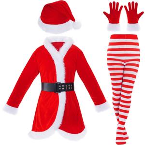 Fengek 5 Pcs Santa Claus Costume for Women Mrs Claus Dress With Belt Gloves Hat Pantyhose Accessory for Christmas Party