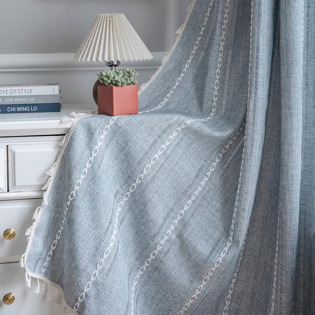 ColorBird Boho Curtains for Living Room, 2 Panels 63 inch Blue Darkening Drapes, Embroidered Striped Farmhouse Sliding Door Vintage Bohemian Curtain for Bedroom