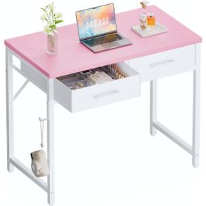 Pamray 32 Inch Small Computer Desk with 2 Drawers for Bedroom Study Writing Home Office Table for Small Spaces Pink
