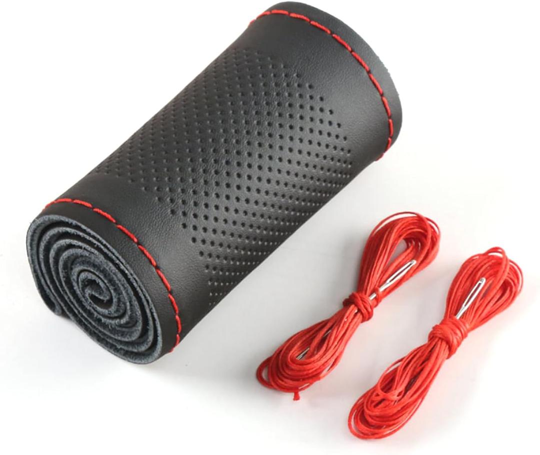 Pack-1 Leather Steering Wheel Cover, Universal Non-Slip Stitch On Wrap, DIY Car Wheel Cover Protector with Needle and Thread for Most Cars SUVs and Trucks (Black #3)