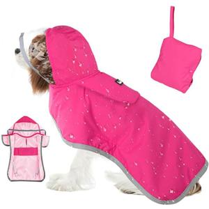 SlowTon Dog Raincoat, Adjustable Dog Rain Jacket Clear Hooded Double Layer, Waterproof Poncho with Reflective Strip Straps and Storage Pocket for Small Medium Large Dogs Puppies(FU M)