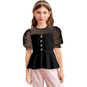 WDIRARA Girl's Sheer Mesh Short Puff Sleeve Blouse Heart Print Cute Ruffle Peplum Top, Size 8 Years (Black)
